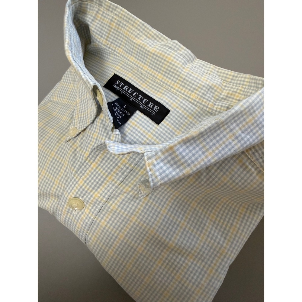 Structure Mens Large Vintage Gingham Plaid Button Down Shirt Blue Yellow Cotton